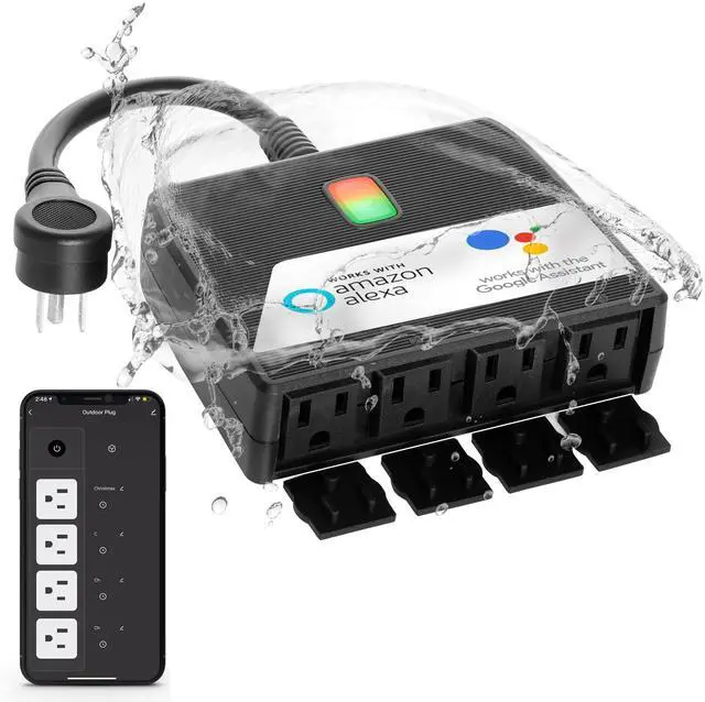 Main image of Smart Heavy Duty Outdoor Power Strip WiFi Plug Water-Resistant Socket, Electrical Power Extension Cord, Outlet Switch and Timer Works Remotely with Alexa, G Assistant (4 Sockets) Black