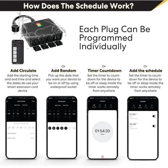 Alt view image 7 of 7 - Smart Heavy Duty Outdoor Power Strip WiFi Plug Water-Resistant Socket, Electrical Power Extension Cord, Outlet Switch and Timer Works Remotely with Alexa, G Assistant (4 Sockets) Black