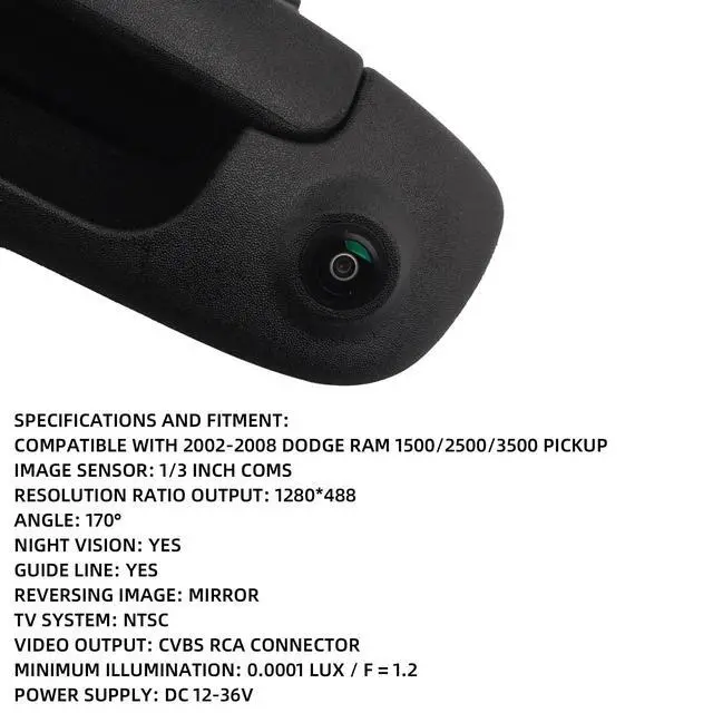 Alt view image 3 of 7 - Tailgate Handle Backup Camera Compatible with 2002-2008 Dodge Ram | for Ram 1500 2500 3500 Back up Rear View Reverse Camera Night Vision w/Extension Harness (RCA Connector)
