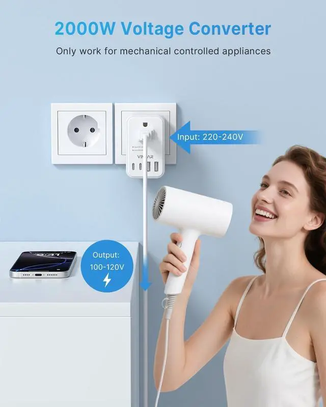 Alt view image 3 of 7 - Foldable 220V to 110V Travel Voltage Converter US to Europe, 2000W | European Travel Plug Adapter, 2 Outlets, 4 USB Ports(2 USB-C), Step Down Converter for Hair Dryer Straightener Curling Iron