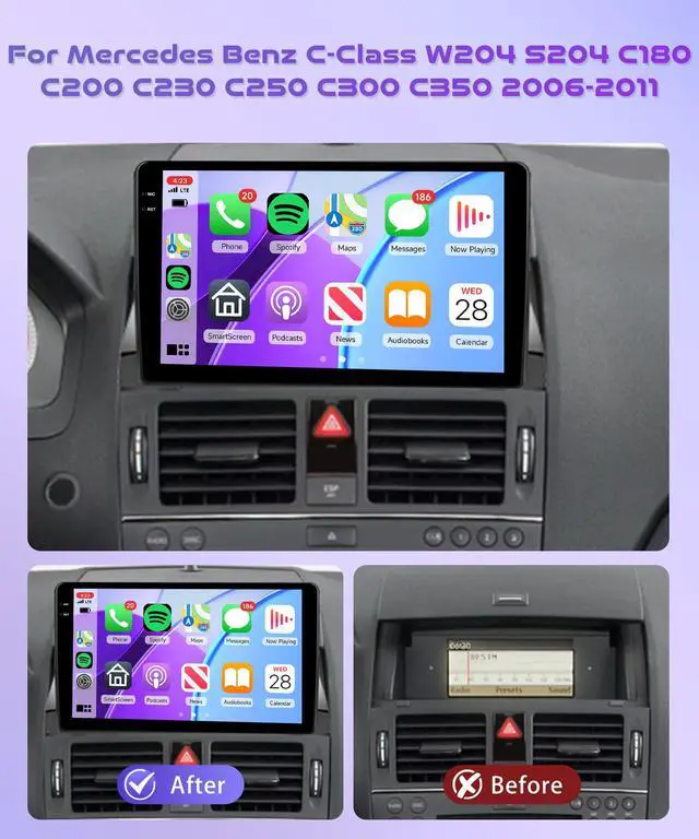 Alt view image 2 of 7 - 4G+64G Android 15 Car Stereo for Mercedes Benz C-Class C230 C250 C300 C350 W204 2006-2011, Wireless CarPlay Android Auto GPS WiFi 9 Inch INCELL Screen Bluetooth FM/RDS EQ AHD Backup Camera