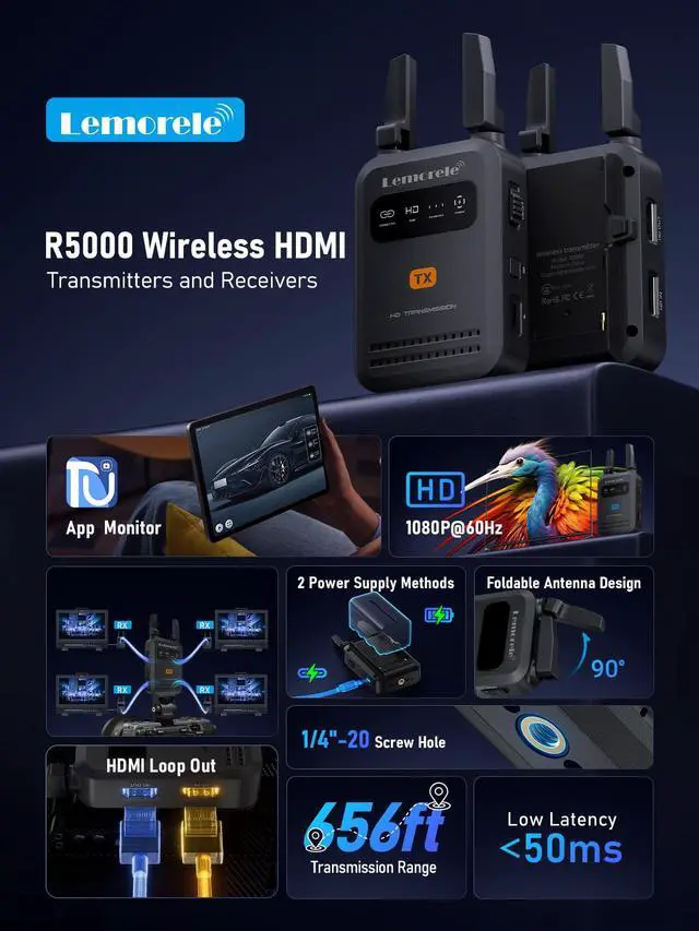 Alt view image 3 of 7 - Wireless HDMI Transmitter Receiver 1080P 50ms Low Latency 656ft | 5GHz, HDMI Loop Out, Dual Power: NP-F & USB-C, Plug and Play, TUTUPlay App Preview for Camera Streaming Home Theater, 1TX+1RX
