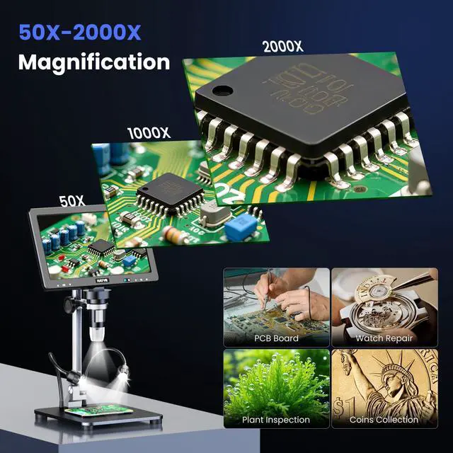Alt view image 5 of 7 - 10.1 Inch Digital Microscope 2000X Soldering Microscope for Repair | 16MP Ultra-Precise Focusing, 10 LED Lights, PC View