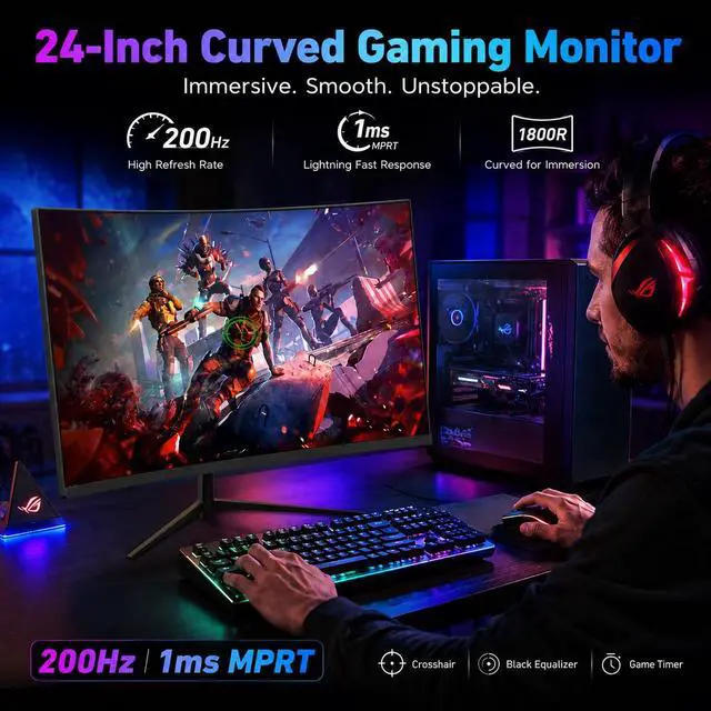 Alt view image 6 of 7 - 24 Inch Curved Gaming Monitor, FHD 1080P 200Hz, 1ms Computer Monitor, 1800R Display, Built-in Speakers, AMD FreeSync & G-Sync Compatible, HDMI 2.0, DP 1.4, Low Blue Light