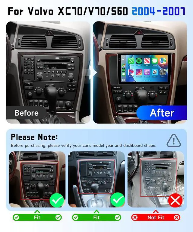 Alt view image 2 of 7 - 4G+64G Android 15Car Radio Stereo for Volvo XC70 V70 S60 2005-2009 | 9" HD In-Cell Touch Screen/Wireless CarPlay/Android Auto/GPS/5Ghz WiFi/5.0Bluetooth/FM/RDS/SWC/AHD Backup Camera