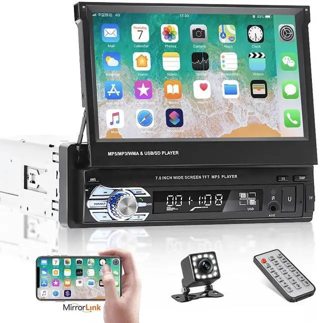 Main image of Bluetooth Single Din Car Stereo 7 Inch Retractable Touchscreen Car Radio with Backup Camera Support Mirror Link