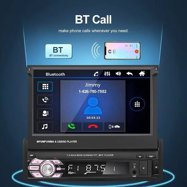 Alt view image 4 of 7 - Bluetooth Single Din Car Stereo 7 Inch Retractable Touchscreen Car Radio with Backup Camera Support Mirror Link
