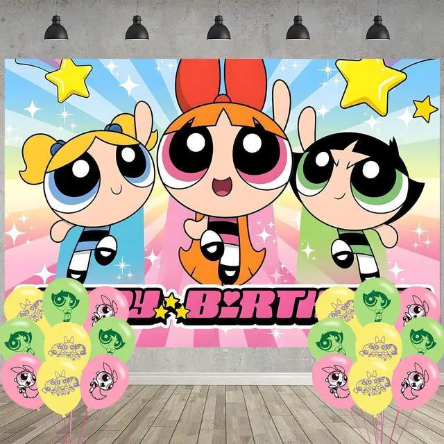 Main image of Power Girls Birthday Party Decoration,Power Girls Party Photo Background 5 x 3 FT and 18 Pcs Balloon,Merch Party Backdrop Supplies