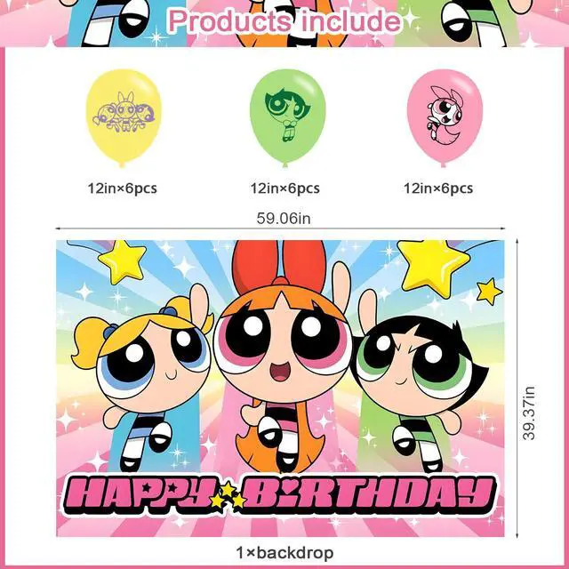 Alt view image 2 of 7 - Power Girls Birthday Party Decoration,Power Girls Party Photo Background 5 x 3 FT and 18 Pcs Balloon,Merch Party Backdrop Supplies