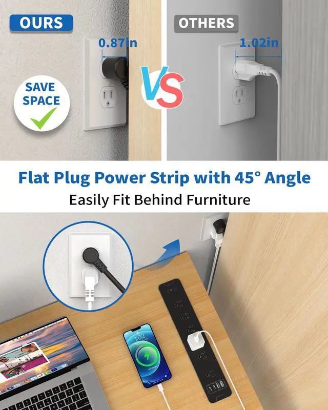 Alt view image 3 of 7 - Recessed Power Strip, Flush Mount Power Strip with USB Ports, PD 20W USB C Fast Charging, 6 FT Extension Cord Surge Protector with1800J, Furniture Hidden Outlet for Side Table, End Table