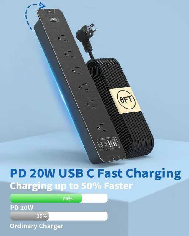 Alt view image 4 of 7 - Recessed Power Strip, Flush Mount Power Strip with USB Ports, PD 20W USB C Fast Charging, 6 FT Extension Cord Surge Protector with1800J, Furniture Hidden Outlet for Side Table, End Table