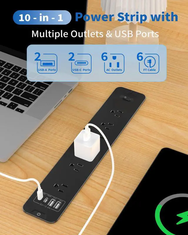 Alt view image 5 of 7 - Recessed Power Strip, Flush Mount Power Strip with USB Ports, PD 20W USB C Fast Charging, 6 FT Extension Cord Surge Protector with1800J, Furniture Hidden Outlet for Side Table, End Table