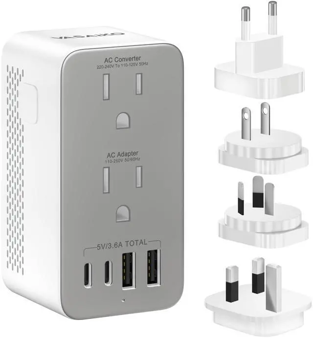 Main image of 1200W Voltage Converter US to Europe, 6 in 1 220V to 110V Converter for European Travel, Universal Travel Adapter with 2 USB-A 2 USB-C Port & UK/AU/US/IT/European Travel Plug Adapters, Gray