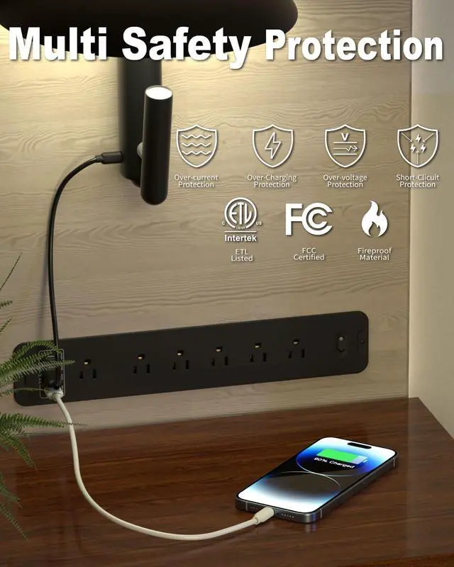 Alt view image 6 of 7 - Recessed Power Strip, Flush Mount Power Strip with USB Ports, PD 20W USB C Fast Charging, 6 FT Extension Cord Surge Protector with1800J, Furniture Hidden Outlet for Side Table, End Table