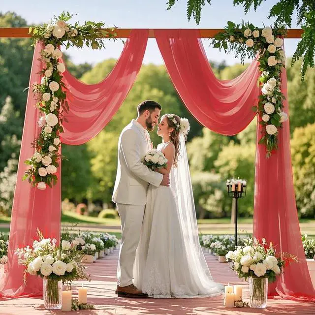 Alt view image 2 of 7 - Wedding Arch Draping Fabric Coral Sheer Chiffon Drapes 2 Panels 28x20FT Chiffon Cloth Backdrop Panels Tulle Curtains for Wedding Decorations Reception Backdrop Sheer Drapes for Arbor