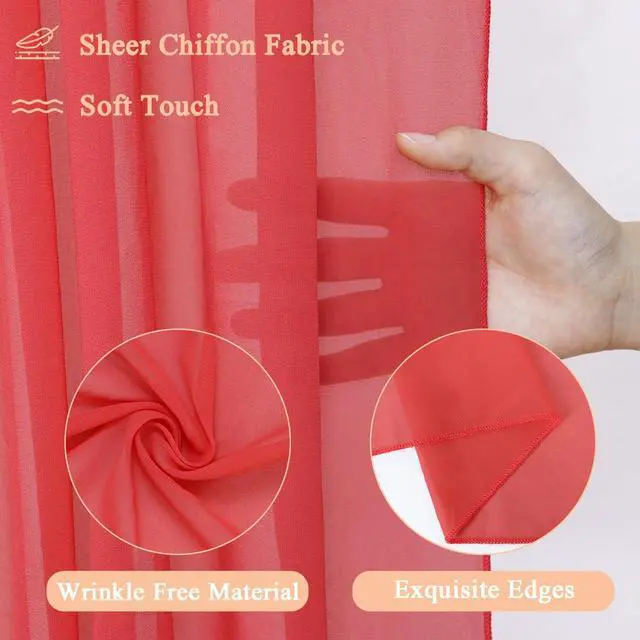 Alt view image 3 of 7 - Wedding Arch Draping Fabric Coral Sheer Chiffon Drapes 2 Panels 28x20FT Chiffon Cloth Backdrop Panels Tulle Curtains for Wedding Decorations Reception Backdrop Sheer Drapes for Arbor