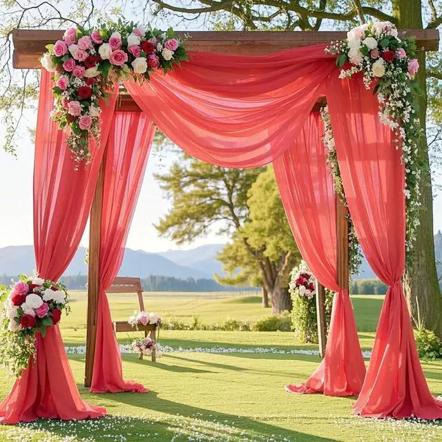 Alt view image 6 of 7 - Wedding Arch Draping Fabric Coral Sheer Chiffon Drapes 2 Panels 28x20FT Chiffon Cloth Backdrop Panels Tulle Curtains for Wedding Decorations Reception Backdrop Sheer Drapes for Arbor