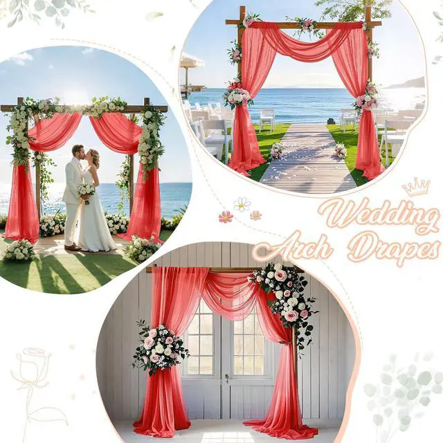 Alt view image 7 of 7 - Wedding Arch Draping Fabric Coral Sheer Chiffon Drapes 2 Panels 28x20FT Chiffon Cloth Backdrop Panels Tulle Curtains for Wedding Decorations Reception Backdrop Sheer Drapes for Arbor