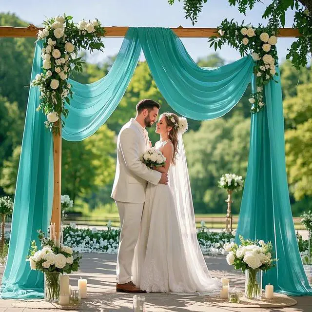 Alt view image 2 of 7 - Wedding Arch Draping Fabric 20 FT Sheer Arch Drapes Teal 2Panels Sheer Backdrop Curtains Chiffon Drapes Wedding Archway Decor Swag Curtain Drapery Fabric for Weddings Party Ceiling Curtains