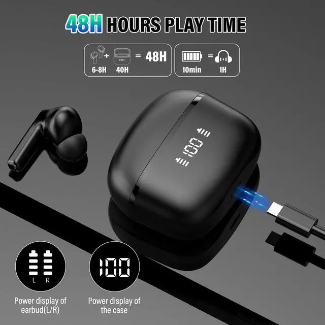 Alt view image 7 of 7 - Wireless Earbuds, Bluetooth 5.4 Headphones 48H Playtime Ear Buds, Bluetooth Earbuds Stereo with LED Display, Clear Call, IPX7 Waterproof in Ear Earphones with ENC Mic for Phones/Sports/Laptop, Black