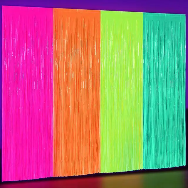 Main image of Glow in The Dark Party Supplies 4 Pack 3.3x6.6ft Neon Party Decoration Neon Tinsel Foil Fringe Curtain 2026 Vbs Photo Booth Backdrop Streamer for Birthday Decor(Green, Rose Red, Yellow, Orange)