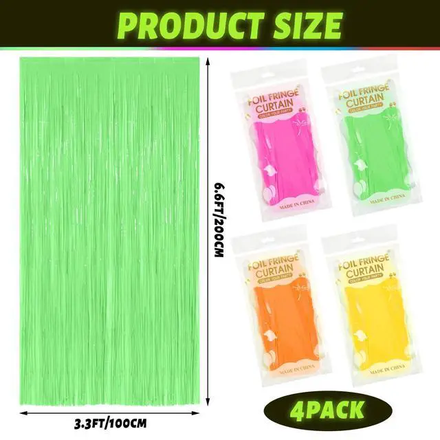 Alt view image 2 of 7 - Glow in The Dark Party Supplies 4 Pack 3.3x6.6ft Neon Party Decoration Neon Tinsel Foil Fringe Curtain 2026 Vbs Photo Booth Backdrop Streamer for Birthday Decor(Green, Rose Red, Yellow, Orange)