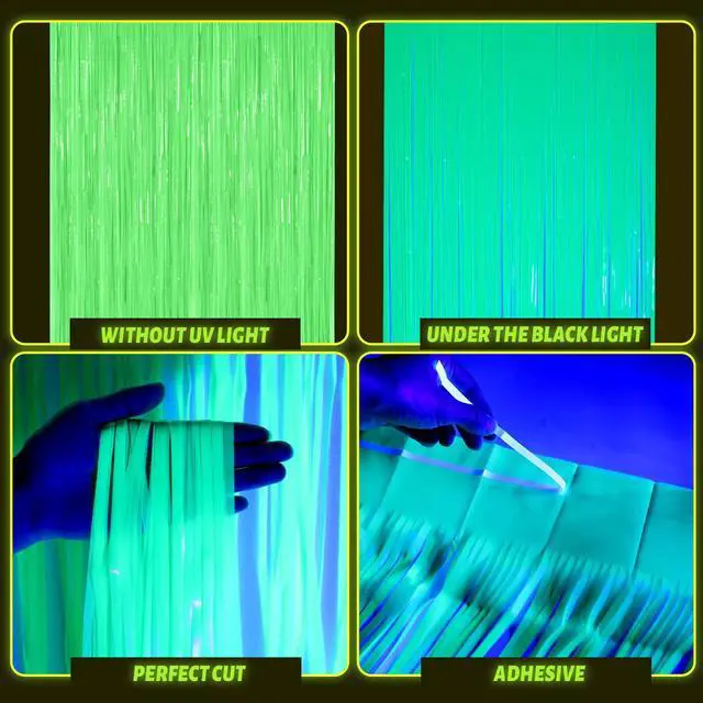 Alt view image 3 of 7 - Glow in The Dark Party Supplies 4 Pack 3.3x6.6ft Neon Party Decoration Neon Tinsel Foil Fringe Curtain 2026 Vbs Photo Booth Backdrop Streamer for Birthday Decor(Green, Rose Red, Yellow, Orange)