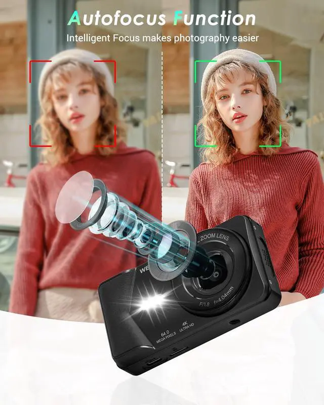 Alt view image 3 of 7 - 4K Digital Camera, 64MP Point and Shoot Digital Camera with Autofocus, 18X Zoom, 20 Filters, 64GB SD Card, 2000 mAh battery, 2.8" Screen Compact Vlogging Camera for Beginners Teens Adult(Black)