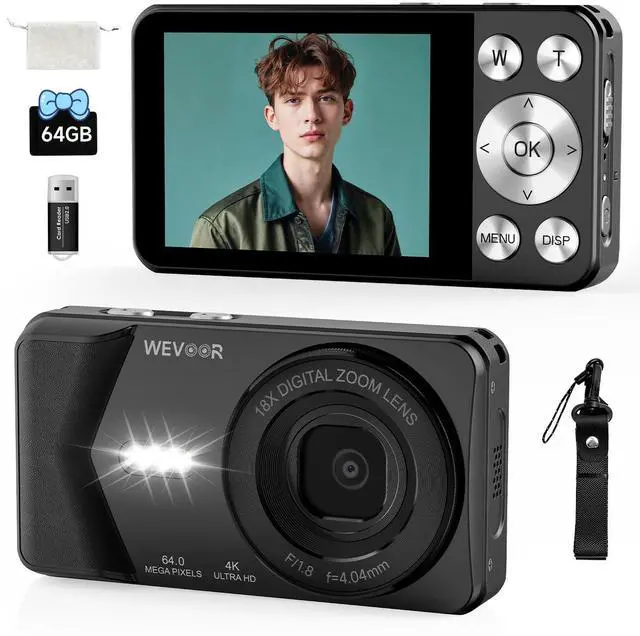 Main image of 4K Digital Camera, 64MP Point and Shoot Digital Camera with Autofocus, 18X Zoom, 20 Filters, 64GB SD Card, 2000 mAh battery, 2.8" Screen Compact Vlogging Camera for Beginners Teens Adult(Black)