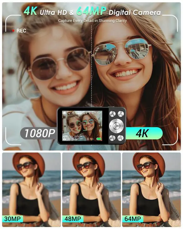 Alt view image 2 of 7 - 4K Digital Camera, 64MP Point and Shoot Digital Camera with Autofocus, 18X Zoom, 20 Filters, 64GB SD Card, 2000 mAh battery, 2.8" Screen Compact Vlogging Camera for Beginners Teens Adult(Black)