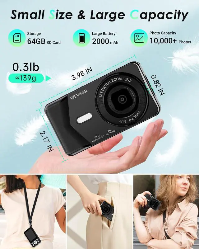 Alt view image 5 of 7 - 4K Digital Camera, 64MP Point and Shoot Digital Camera with Autofocus, 18X Zoom, 20 Filters, 64GB SD Card, 2000 mAh battery, 2.8" Screen Compact Vlogging Camera for Beginners Teens Adult(Black)
