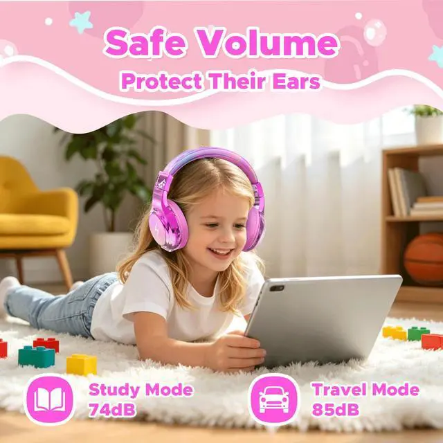 Alt view image 3 of 7 - Kids Bluetooth Headphones, 74/85dB Volume Limited, 65H Playtime, Built-in Mic, Fast Charging, Foldable Toddler Wireless Over-Ear with AUX Cord, for iPad/Tablet/Airplane,Boys Girls