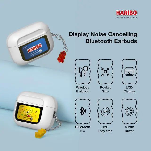 Alt view image 2 of 7 - Haribo Wireless Earbuds with LCD Touchscreen Case, Bluetooth 5.4 TWS, Noise Cancelling, 13mm Bass Driver, IPX4, Gummy Bear Style