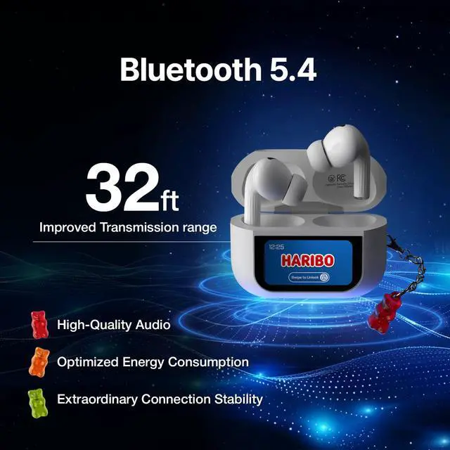 Alt view image 4 of 7 - Haribo Wireless Earbuds with LCD Touchscreen Case, Bluetooth 5.4 TWS, Noise Cancelling, 13mm Bass Driver, IPX4, Gummy Bear Style