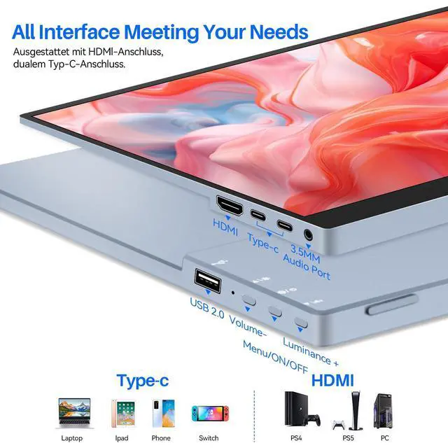 Alt view image 5 of 7 - 15.6 Inch Touchscreen Portable Monitor, FHD 1080P IPS Full Function USB-C Ultra Slim Travel Screen, Portable Display w/Speakers & VESA Mount for Laptop Mac PC Phone PS4 PS5 Switch