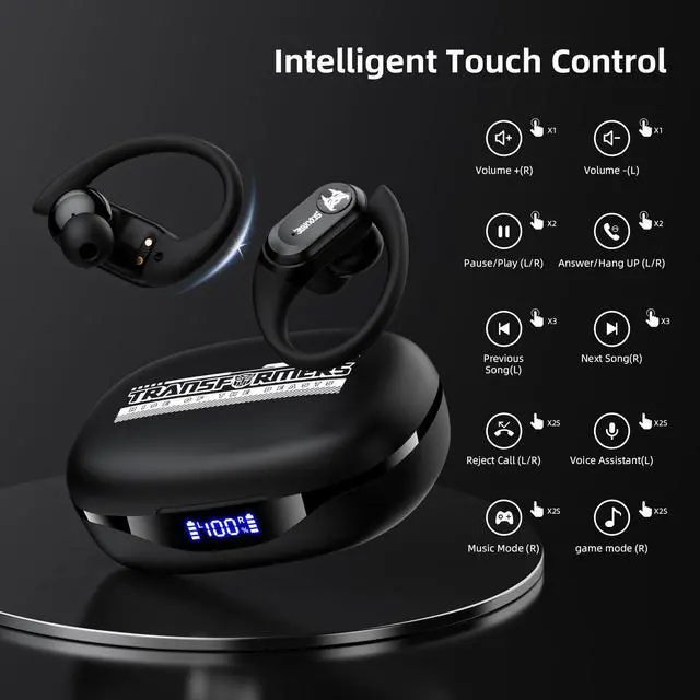 Alt view image 6 of 6 - Earbuds T26 Pro, Bluetooth 5.4 Wireless Gaming Earbuds with Mic, Over Ear Earbuds with Earhooks, 65H Playtime, Deep Bass, IPX5 Waterproof (Scourge Black)