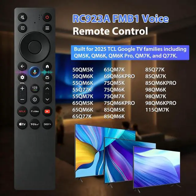 Alt view image 4 of 7 - Replacement Backlit Voice Control for TCL Google TV Remote, RC923A FMB1 | Backlit voice control replacement for compatible TCL Google TVs with app shortcuts, easy setup, convenient everyday control