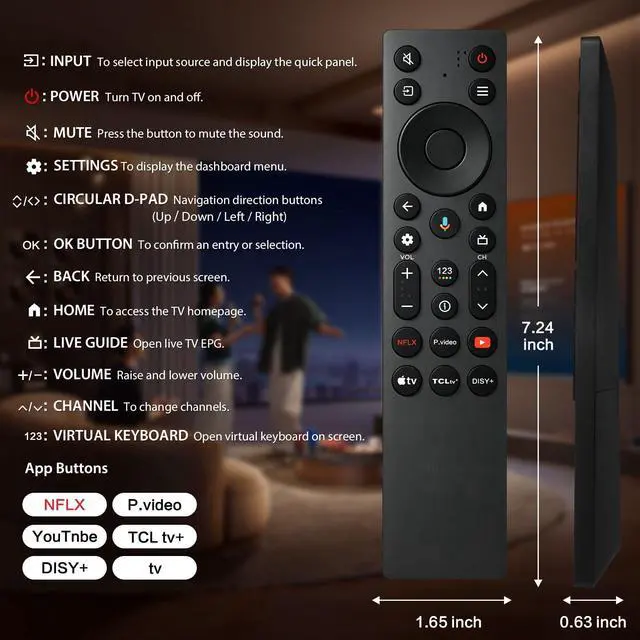 Alt view image 7 of 7 - Replacement Backlit Voice Control for TCL Google TV Remote, RC923A FMB1 | Backlit voice control replacement for compatible TCL Google TVs with app shortcuts, easy setup, convenient everyday control