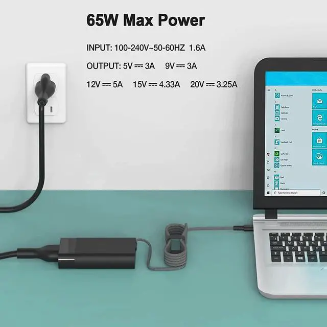 Alt view image 5 of 5 - 65W Laptop USB Charger Fit for HP EliteBook x360 1030 630 745 835 840 845 860 ZBook 14uG5 Firefly 14 15 16 ProBook 440 450 455 460 hp Envy x360 17 Spectre x360 - Type-C 3.25 AC Adapter