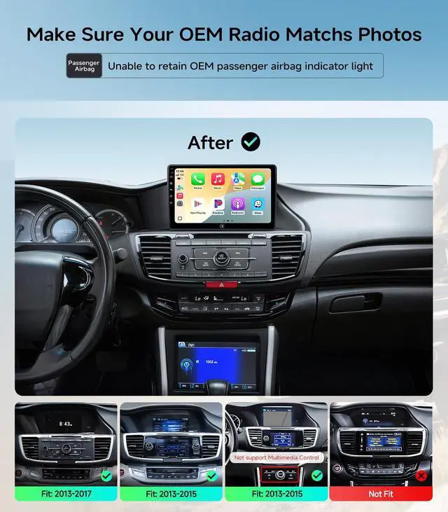 Alt view image 2 of 7 - Car Radio Stereo for Honda Accord 2013-2017, Wireless CarPlay Android Auto | 10.2 inch IPS HD touchscreen, 64G storage, 5G WiFi GPS navigation, phone link, Bluetooth, AM FM SWC, 1080P backup camera