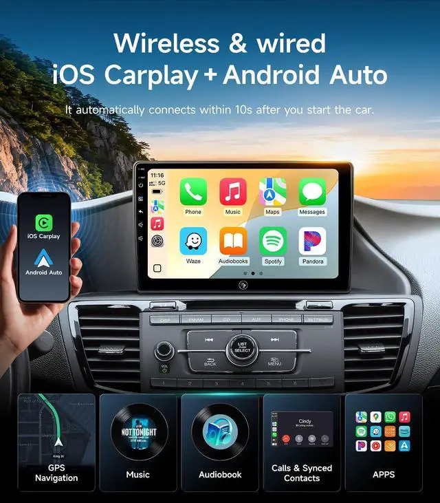 Alt view image 3 of 7 - Car Radio Stereo for Honda Accord 2013-2017, Wireless CarPlay Android Auto | 10.2 inch IPS HD touchscreen, 64G storage, 5G WiFi GPS navigation, phone link, Bluetooth, AM FM SWC, 1080P backup camera