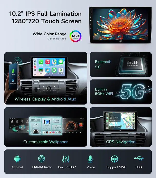 Alt view image 6 of 7 - Car Radio Stereo for Honda Accord 2013-2017, Wireless CarPlay Android Auto | 10.2 inch IPS HD touchscreen, 64G storage, 5G WiFi GPS navigation, phone link, Bluetooth, AM FM SWC, 1080P backup camera