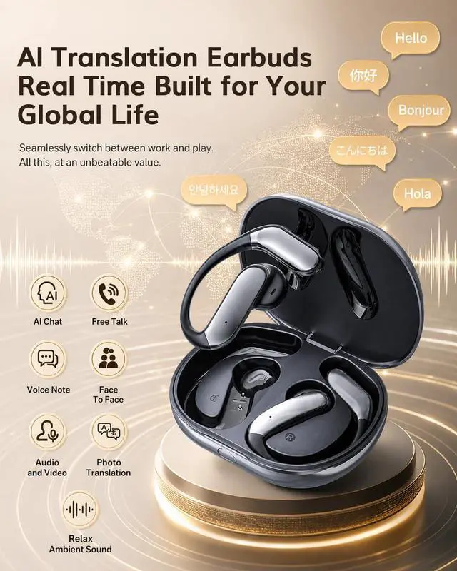 Alt view image 4 of 7 - Open Ear Earbuds Bluetooth 6.1, Ear Buds Wireless Bluetooth Earbuds AI Real Time Translation Earbuds 90H Playtime Open Ear Headphones with Noise Cancelling Mic Wireless Earbuds for Travel, Business