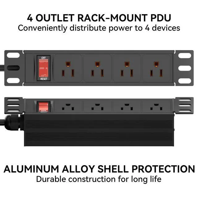 Alt view image 2 of 7 - 10" Rack PDU- 1U (4Outlets) 10-inch Mini Rack Power Distribution Unit,6 FT | 15A Overload Switch(125V/15A 16AWG Cable),Network Cabinet Rack Mount Power Strip (Wall, Desktop, or Server Rack Mountable)