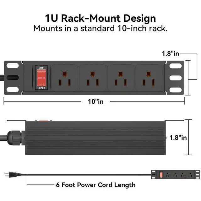 Alt view image 3 of 7 - 10" Rack PDU- 1U (4Outlets) 10-inch Mini Rack Power Distribution Unit,6 FT | 15A Overload Switch(125V/15A 16AWG Cable),Network Cabinet Rack Mount Power Strip (Wall, Desktop, or Server Rack Mountable)