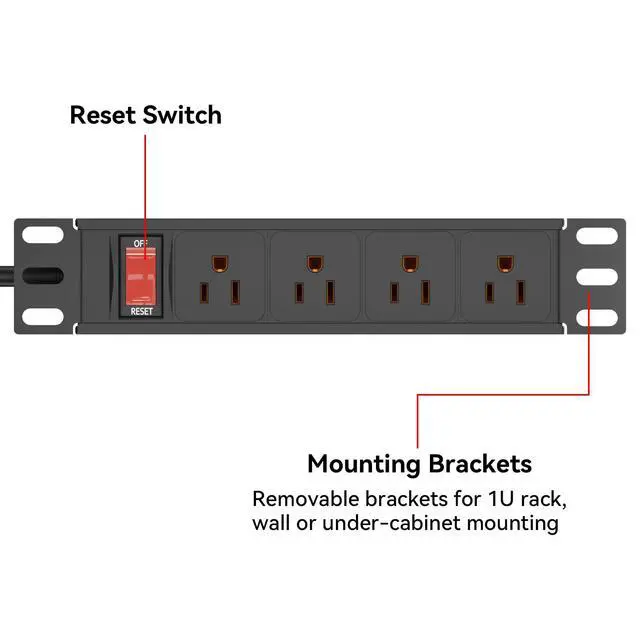 Alt view image 5 of 7 - 10" Rack PDU- 1U (4Outlets) 10-inch Mini Rack Power Distribution Unit,6 FT | 15A Overload Switch(125V/15A 16AWG Cable),Network Cabinet Rack Mount Power Strip (Wall, Desktop, or Server Rack Mountable)