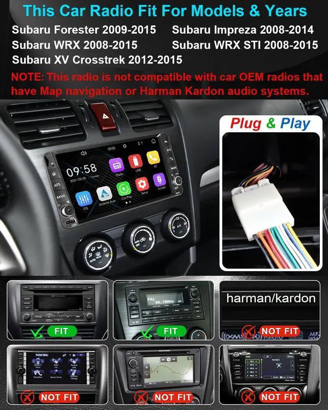 Alt view image 2 of 7 - Plug and Play Car Stereo Radio for Subaru Forester 2009-2015/Subaru Impreza 2008-2014/Subaru WRX 2008-2015/Subaru WRX STI 2008-2015/Subaru XV Crosstrek 2012-2015 Support Carplay/Android Auto/BT/AM/FM
