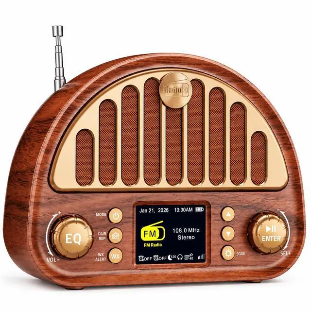 Main image of Retro Portable FM Radio with NOAA Weather Alert & Bluetooth | MicroSD playback, 40 presets, dual alarms, sleep timer, clock/date display, 3000mAh rechargeable battery for bedroom and home