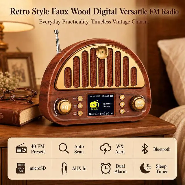 Alt view image 2 of 7 - Retro Portable FM Radio with NOAA Weather Alert & Bluetooth | MicroSD playback, 40 presets, dual alarms, sleep timer, clock/date display, 3000mAh rechargeable battery for bedroom and home