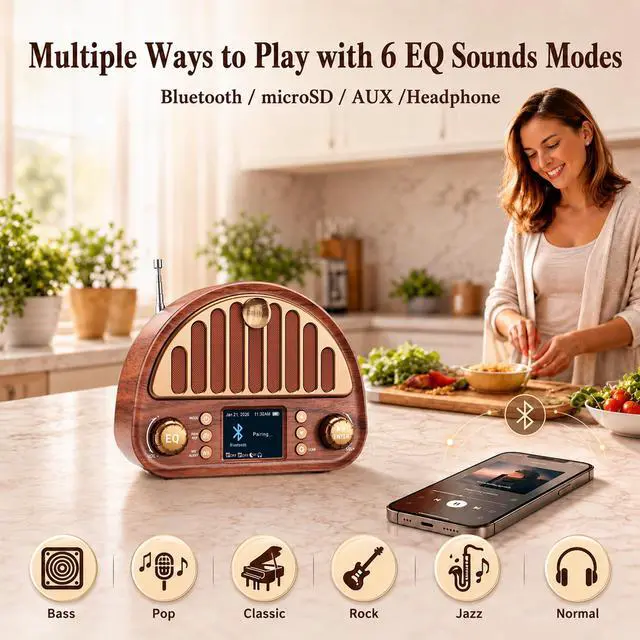 Alt view image 4 of 7 - Retro Portable FM Radio with NOAA Weather Alert & Bluetooth | MicroSD playback, 40 presets, dual alarms, sleep timer, clock/date display, 3000mAh rechargeable battery for bedroom and home